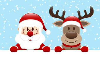 Weihnachtsmann Und Rentier Halten Banner Schnee Blau Dunkelrot