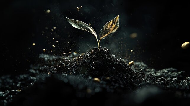 Green leaf floating above soil with tiny particles suspended in the air. Textured surface, dark tones, mysterious, nature symbolism, artistic composition, contrast. Generative AI.
