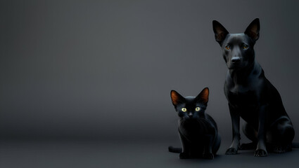 black Dog and Cat together Abstract copy space banner image pet care and animal lover concept