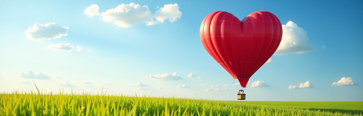 Obraz premium A Red Hot Air Balloon Shaped Like A Heart Soars Above A Lush Green Field On A Sunny Day. 00003