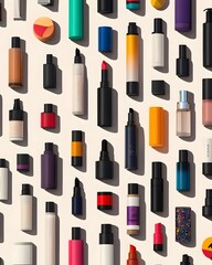 Obraz premium A vibrant arrangement of various cosmetic products on a neutral background.