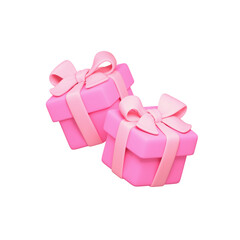 Two simple kawaii pink gift boxes wrapped with bow, ribbon for cozy Valentine's Day celebration floating in air. Colorful presents for anniversary, birthday, women's day. 3d render on white background
