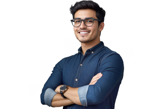 Young handsome man dressed in casual denim shirt with smartwatch on wrist