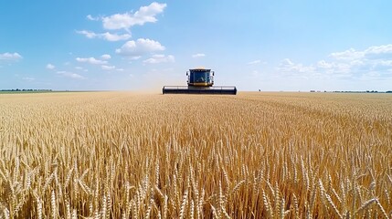 Obraz premium A modern combine harvester working on a wheat field, emphasizing hightech farming machinery