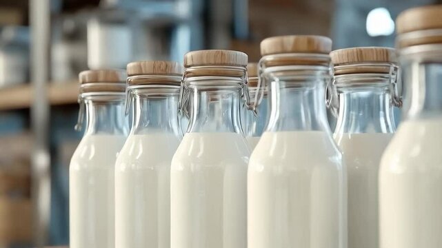Bottles of fresh milk lined up on a wooden shelf in a rustic setting