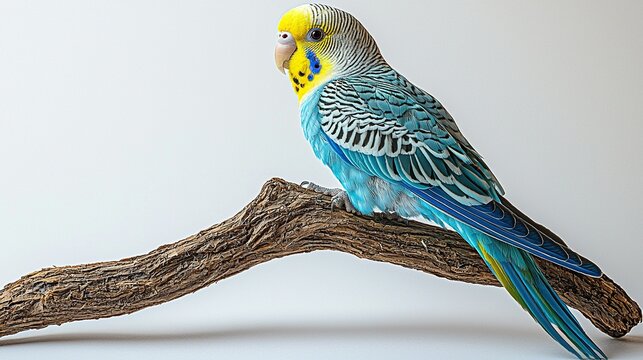 Blue parakeet perched on branch, white background.