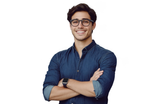 Young handsome man dressed in casual denim shirt with smartwatch on wrist
