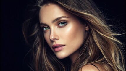 Fototapeta premium A mesmerizing image of a woman with long hair cascading down her shoulders bathed in a soft glow that emphasizes her bright eyes and the contours of her face set against a
