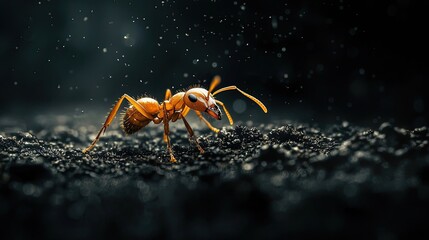 Macro shot of an ant carrying a small object on the soil, illuminated by soft light. Detailed anatomy, hard work, natural habitat, tiny life, and perseverance. Generative AI.