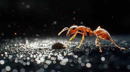 Fototapeta premium Macro shot of an ant carrying a small object on the soil, illuminated by soft light. Detailed anatomy, hard work, natural habitat, tiny life, and perseverance. Generative AI.