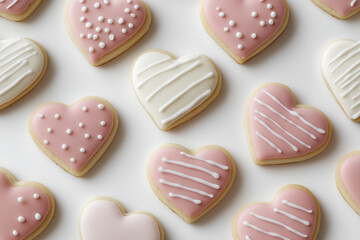 Top view of cookies in the shape of hearts, covered with white and pink icing. Dessert for Valentine's Day.