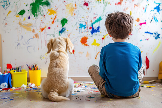 child and dog sit together, observing colorful, messy wall filled with paint splatters. Their bond is evident in this creative space