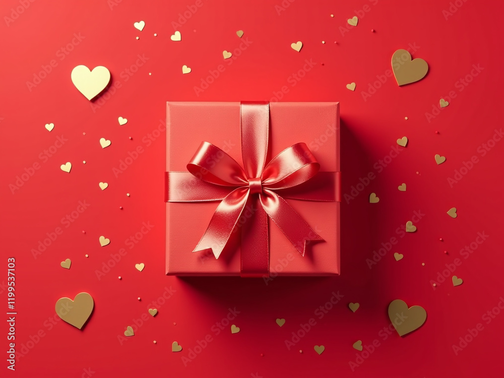 Poster a flat lay design features a gift box wrapped in satin ribbon, surrounded by golden hearts and confe