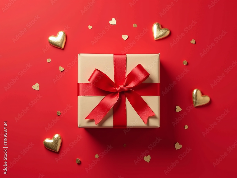 Poster a flat lay design features a gift box wrapped in satin ribbon, surrounded by golden hearts and confe