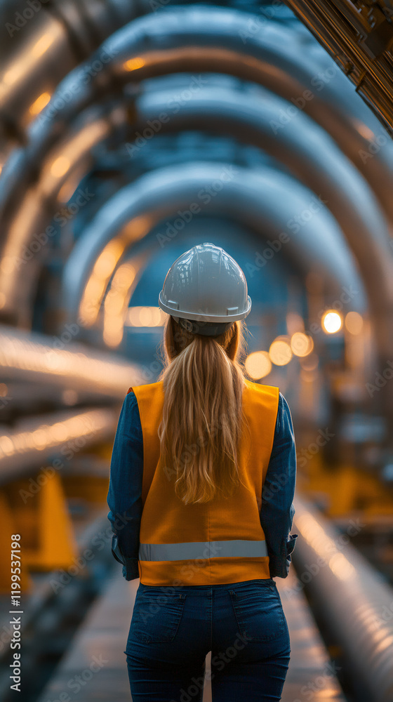 Poster industrial engineer walking through a large pipe system, ensuring safety and efficiency in an indust