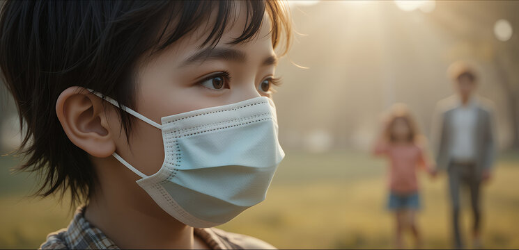 Close-up of a child wearing a light-blue face mask, likely a protective measure