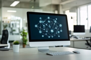 Naklejka premium Computer display showing a network diagram in a modern office environment with plants and furniture