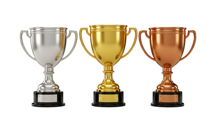 Set of three trophy cups for the first three winners. Gold, silver, bronze, and copper prize cup. isolated on a white background with a clipping path
