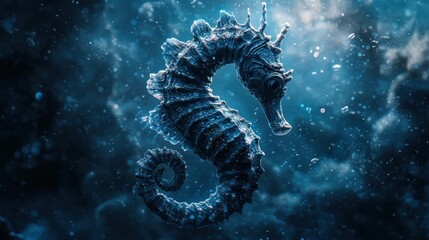 Majestic seahorse underwater, dark blue tones, sparkling particles.