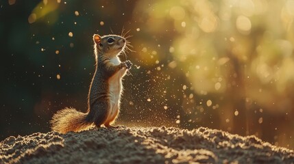 Squirrel perched on soil mound with glowing light, showcasing alert posture. Natural habitat, textured fur, and playful behavior in a peaceful forest setting. Generative AI