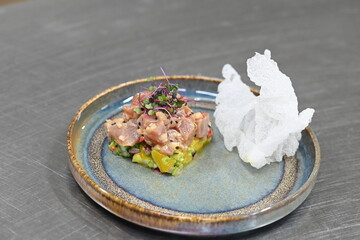 A gourmet dish featuring fresh tuna tartare with exotic mango and avocado, beautifully plated in a modern culinary style
