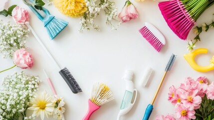Spring cleaning tools neatly arranged on a white table with floral accents