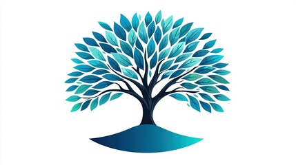 Naklejka premium Blue tree with vibrant leaves on a hill against white backdrop.