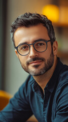 Obraz premium Professional businessman sitting confidently at modern workspace, wearing glasses, radiating executive presence in sleek corporate setting