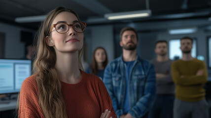 Obraz premium focused woman with glasses stands in modern office, surrounded by colleagues. atmosphere is collaborative and engaged, highlighting teamwork and creativity