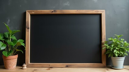 A gunmetal gray background offers a blank wooden signage board with ample space for text