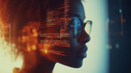 A futuristic concept of artificial intelligence and human connection represented by a profile of a young African woman with glowing digital code overlay. innovation, AI, and human-tech collaboration