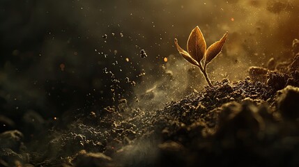 Obraz premium Young sprout glowing in golden light, symbolizing renewal, growth, and hope. Sparkling soil particles enhance the serene and delicate natural beauty. Generative AI