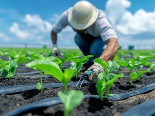 Fototapeta premium Farmer installing a weatherresistant IoT sensor in the field, symbolizing smart farming infrastructure