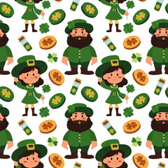 Festive vector design featuring cheerful characters and symbols of St. Patrick's Day celebration with green tones and festive elements. Seamless vector pattern