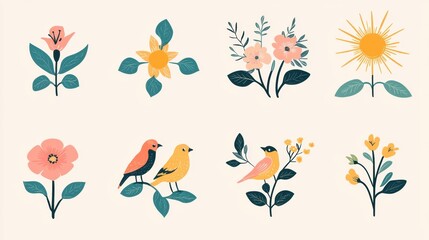 Spring icon set with flat-style flowers, birds, and sunbursts