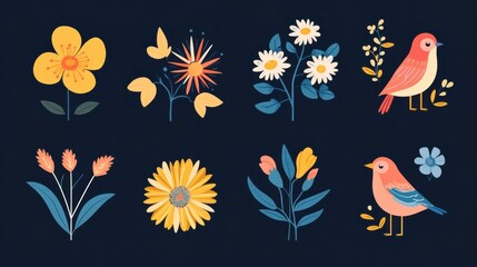 Spring icon set with flat-style flowers, birds, and sunbursts