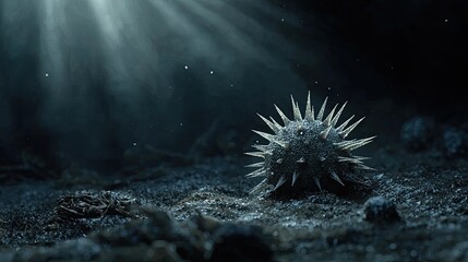 Spiky microorganism illuminated by warm light, floating in a textured environment. Close-up emphasizes detail, biological structure, and abstract science concept. Generative AI