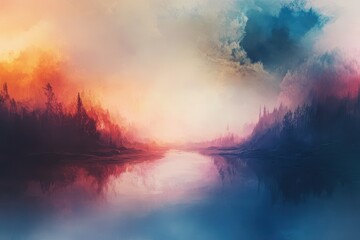 Obraz premium A Serene Landscape with a River Flowing Through a Forest and Misty Sky