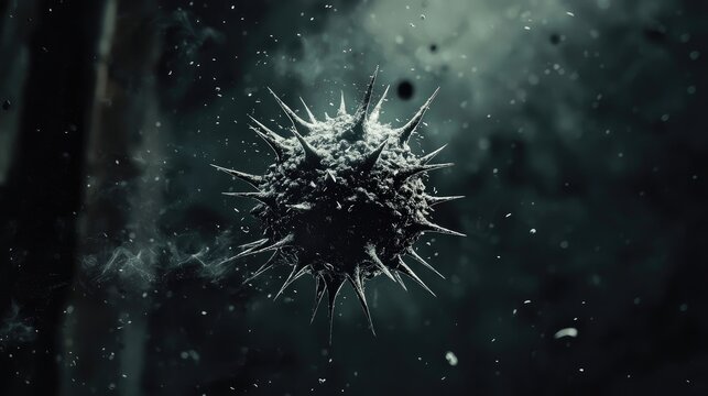 Spiky microorganism illuminated by warm light, floating in a textured environment. Close-up emphasizes detail, biological structure, and abstract science concept. Generative AI