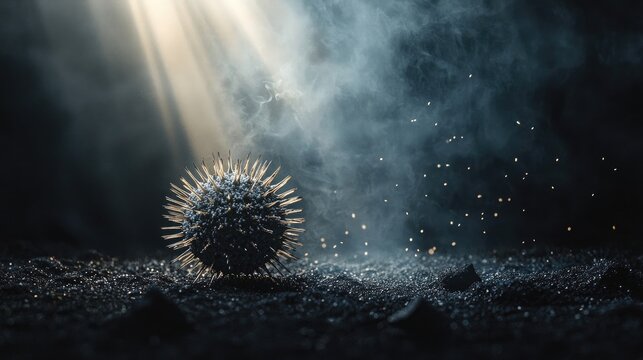 Spiky microorganism illuminated by warm light, floating in a textured environment. Close-up emphasizes detail, biological structure, and abstract science concept. Generative AI