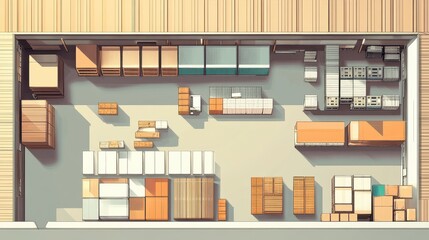 Supply chain logistics flat design top view modern warehouse cartoon drawing Triadic Color Scheme. 