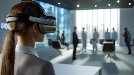 Fototapeta premium People wearing a VR headset interacting in a futuristic digital environment with virtual screens. Represents advanced technology, innovation, and virtual reality in a modern setting. Generative AI