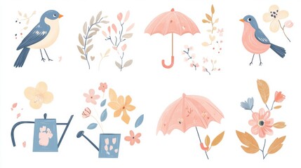 Spring icons collection with illustrated birds, flowers, umbrellas, and watering cans