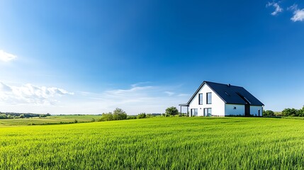 Obraz premium Modern farmhouse surrounded by lush green fields, clear blue sky, symbolizing agricultural wealth and real estate investment potential