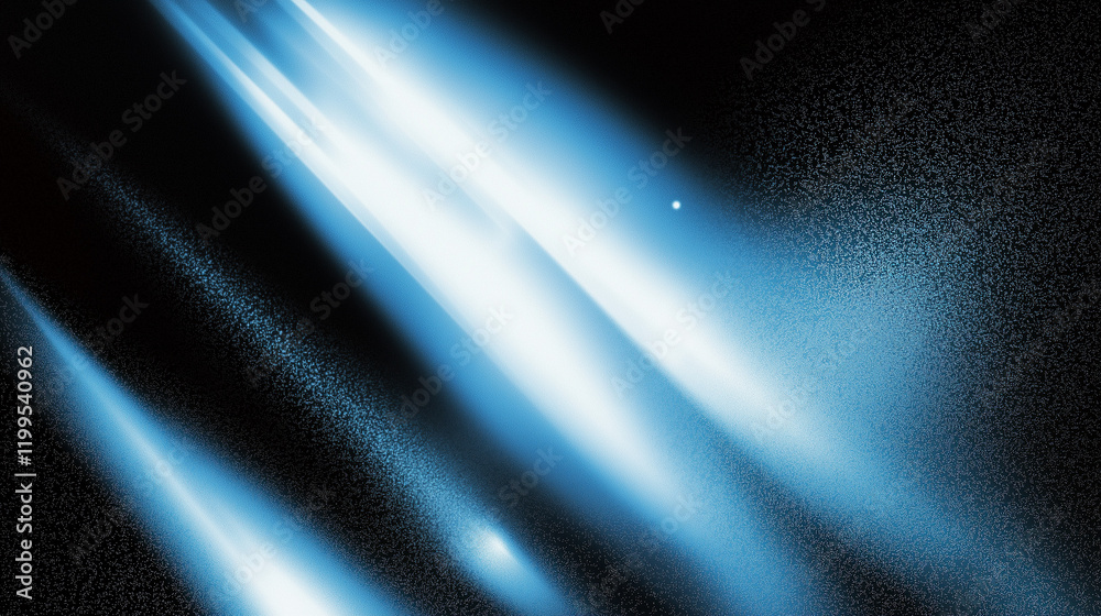 Poster Abstract blue beam of light on a dark black background with a grainy texture and blurred details, creating a mysterious and hazy atmosphere. Conceptual design for futuristic, digital, and sci-fi theme
