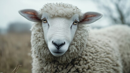 Fototapeta premium Close-up portrait of the face of a wool sheep in the farm, cinematic filter