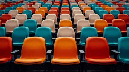 Fototapeta premium Vibrant seating arrangement auditorium photography indoor aerial view colorful design enhancing viewer experience