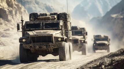 An armored military convoy transporting supplies through a warzone, featuring rugged vehicles with camouflage, supply chains in the military industry,