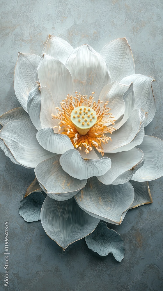 Poster focusing on the heart of a stunning oversized white lotus, the intricate petals display a range of t