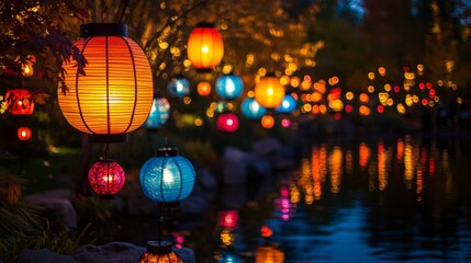 Chinese balloons illuminated over a lake at night